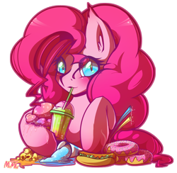 Size: 2674x2608 | Tagged: safe, artist:mimtii, character:pinkie pie, 7-eleven, blushing, candy, cute, donut, drinking, female, food, heart eyes, hoof hold, hot dog, ice cream, junk food, looking at you, pixie stix, popcorn, simple background, slurpee, smiling, snow cone, solo, straw, transparent background, wingding eyes