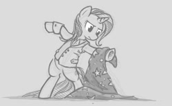 Size: 1029x635 | Tagged: safe, artist:onkelscrut, character:trixie, species:pony, bipedal, clothing, dancing, female, monochrome, solo, suit, trixie's hat