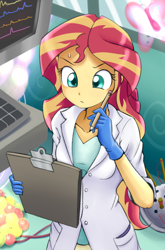 Size: 1422x2152 | Tagged: safe, artist:ryou14, character:sunset shimmer, episode:the science of magic, equestria girls:friendship games, g4, my little pony: equestria girls, my little pony:equestria girls, apple, butterfly, clipboard, clothing, female, lab coat, pencil, rubber gloves, solo, sunset the science gal