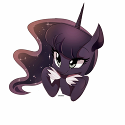 Size: 900x900 | Tagged: safe, artist:dilandau203, character:princess luna, species:alicorn, species:pony, cute, female, limited palette, mare, missing accessory, selective color, simple background, smiling, solo, white background