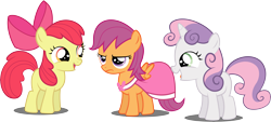 Size: 7214x3268 | Tagged: safe, artist:abion47, character:apple bloom, character:scootaloo, character:sweetie belle, absurd resolution, clothing, cutie mark crusaders, dress, laughing, picture perfect pony, scootaloo is not amused, simple background, transparent background, unamused, vector