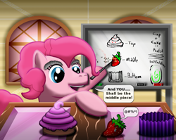 Size: 900x717 | Tagged: safe, artist:super-zombie, character:pinkie pie, chalkboard, cupcake, food, open mouth, smiling, strawberry, the human centipede