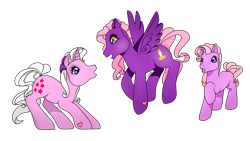 Size: 1920x1080 | Tagged: safe, artist:prettywitchdoremi, character:ember (g1), species:earth pony, species:pegasus, species:pony, species:unicorn, g1, g3, :o, blank flank, female, filly, foal, g1 to g3, generation leap, mare, open mouth, raised hoof, simple background, so soft twilight, transparent background