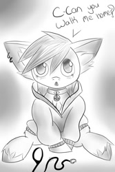 Size: 512x768 | Tagged: safe, artist:rednorth, oc, oc only, oc:red-north, species:pony, begging, big ears, clothing, collar, crying, cute, dialogue, female, lost, mare, monochrome, pet, scared, sitting, solo, sweater, tiny