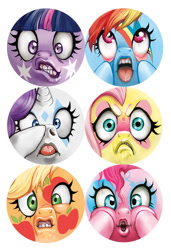 Size: 490x716 | Tagged: safe, artist:miszasta, character:applejack, character:fluttershy, character:pinkie pie, character:rainbow dash, character:rarity, character:twilight sparkle, angry, cross-eyed, duckface, faec, flehmen response, horses doing horse things, making faces, mane six, open mouth, rainbow power, silly face, teeth, tongue out