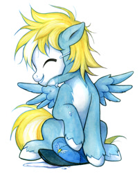 Size: 600x748 | Tagged: safe, artist:miszasta, oc, oc only, oc:yellow flash, species:pegasus, species:pony, clothing, crying, hat, mask, messy mane, sad, solo, traditional art, watercolor painting, wonderbolts logo