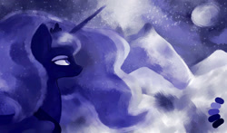 Size: 1700x1000 | Tagged: safe, artist:staticdragon1, character:princess luna, female, moon, mountain, night, snow, solo