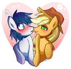 Size: 909x879 | Tagged: safe, artist:mimtii, character:applejack, oc, oc:constance everheart, >:3, biting, blushing, canon x oc, commission, everjack, heart, shipping, tongue bite