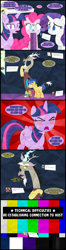 Size: 1024x3860 | Tagged: safe, artist:narflarg, character:discord, character:flash sentry, character:pinkie pie, character:rarity, character:twilight sparkle, character:twilight sparkle (alicorn), species:alicorn, species:pony, ask, comic, female, fourth wall, mare, test card, tumblr, wat