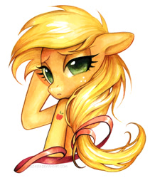 Size: 577x661 | Tagged: safe, artist:miszasta, character:applejack, alternative cutie mark placement, fabulous, female, floppy ears, lidded eyes, looking at you, looking back, looking over shoulder, ribbon, solo, traditional art, watercolor painting