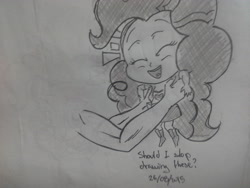 Size: 2560x1920 | Tagged: safe, artist:jofca, character:pinkie pie, my little pony:equestria girls, disembodied arm, disembodied hand, eyes closed, hand, holding, laughing, monochrome, traditional art