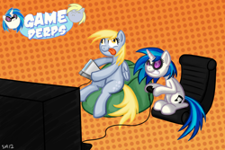 Size: 1500x1000 | Tagged: safe, artist:serenamidori, character:derpy hooves, character:dj pon-3, character:vinyl scratch, species:pegasus, species:pony, crossover, female, game grumps, mare, video game