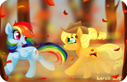 Size: 1024x663 | Tagged: safe, artist:karzii, character:applejack, character:rainbow dash, episode:fall weather friends, g4, my little pony: friendship is magic, autumn, running of the leaves