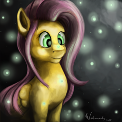 Size: 1250x1250 | Tagged: safe, artist:winternachts, character:fluttershy, female, firefly, smiling, solo