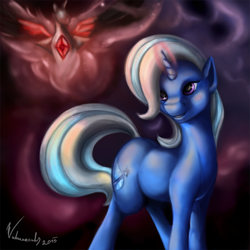 Size: 1250x1250 | Tagged: safe, artist:winternachts, character:trixie, species:pony, species:unicorn, episode:magic duel, g4, my little pony: friendship is magic, alicorn amulet, corrupted, evil grin, female, magic, mare, solo