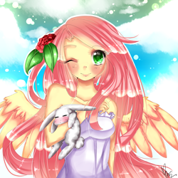 Size: 3000x3000 | Tagged: safe, artist:xkittyblue, character:angel bunny, character:fluttershy, species:human, humanized, winged humanization