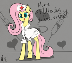 Size: 933x819 | Tagged: safe, artist:greseres, character:fluttershy, clothing, cute, female, heart, looking at you, nurse, open mouth, raised hoof, smiling, solo, syringe