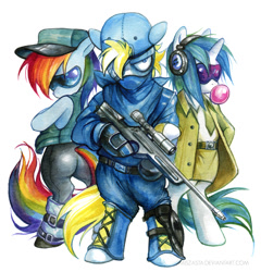 Size: 700x730 | Tagged: safe, artist:miszasta, character:dj pon-3, character:rainbow dash, character:vinyl scratch, oc, oc:yellow flash, species:pegasus, species:pony, species:unicorn, badass, bipedal, bubblegum, clothing, female, glasses, gun, hooves, horn, looking at you, mare, optical sight, plot, rifle, simple background, sniper rifle, sunglasses, traditional art, watercolor painting, weapon, white background