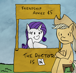 Size: 1890x1817 | Tagged: safe, artist:konsumo, character:applejack, character:rarity, episode:made in manehattan, g4, my little pony: friendship is magic, charles m schulz, charlie brown, crossover, lucy's advice booth, peanuts, sitting, stool, style emulation, wide eyes