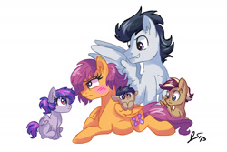 Size: 1800x1200 | Tagged: safe, artist:dreamscapevalley, character:rumble, character:scootaloo, oc, oc:ace, oc:olympic, oc:rocky, parent:rumble, parent:scootaloo, parents:rumbloo, ship:rumbloo, alternate hairstyle, blushing, family, female, male, offspring, older, pregnant, shipping, straight