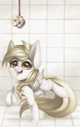 Size: 1661x2632 | Tagged: safe, artist:hamatte, character:derpy hooves, species:pegasus, species:pony, drool, female, mare, muffin, normal eyes, practice, smiling, solo, tied up