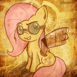 Size: 2000x2000 | Tagged: safe, artist:noponyzone, character:fluttershy, species:pony, abstract background, female, goggles, high res, mare, prosthetic wing, sitting, solo, steampunk