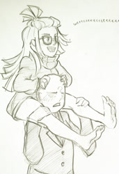 Size: 1272x1860 | Tagged: safe, artist:aisureimi, character:moondancer, oc, oc:anon, species:human, barefoot, blushing, clothing, feet, glasses, humanized, humans riding humans, monochrome, necktie, open mouth, riding, shoulder ride, suit, sweater, toes