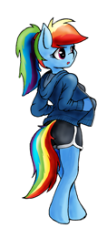 Size: 903x1920 | Tagged: safe, artist:mindofnoodles, character:rainbow dash, species:anthro, species:unguligrade anthro, arm hooves, clothing, female, hoodie, ponytail, shorts, solo, sweater