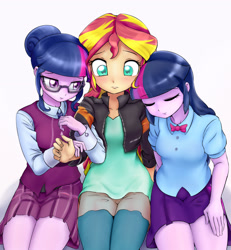 Size: 1909x2064 | Tagged: safe, artist:ryou14, character:sunset shimmer, character:twilight sparkle, character:twilight sparkle (alicorn), character:twilight sparkle (scitwi), species:alicorn, species:eqg human, ship:scitwishimmer, ship:sunsetsparkle, equestria girls:friendship games, g4, my little pony: equestria girls, my little pony:equestria girls, bow tie, clothing, counterparts, crystal prep academy, crystal prep academy uniform, crystal prep shadowbolts, cute, eyes closed, female, glasses, leather jacket, lesbian, magical trio, ot3, pleated skirt, polyamory, school uniform, shipping, skirt, sunset twiangle, trio, twilight's counterparts, twolight