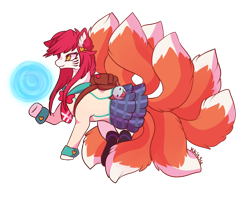 Size: 1040x834 | Tagged: safe, artist:kkitsu, ahri, backpack, blouse, clothing, crossover, fox-pony, kitsune, league of legends, magic, plaid, ponified, red hair, skirt, socks