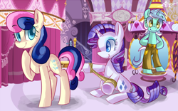 Size: 1280x800 | Tagged: safe, artist:tamoqu, character:bon bon, character:lyra heartstrings, character:rarity, character:sweetie drops, species:pony, bipedal, carousel boutique, clothing, pants
