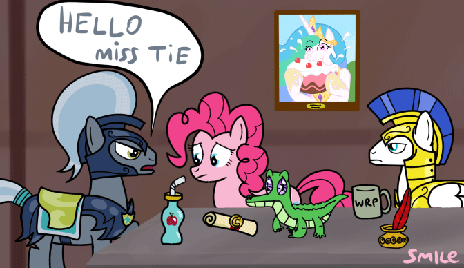 Size: 672x388 | Tagged: safe, artist:smile, character:gummy, character:pinkie pie, character:princess celestia, animated, juice, mug, picture, quill, royal guard, the simpsons