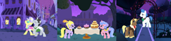 Size: 1024x244 | Tagged: safe, artist:hubfanlover678, character:chocolate sun, character:jet set, character:lyrica lilac, character:orion, character:royal ribbon, character:upper crust, cake, canterlot, canterlot gardens, food, night, tree