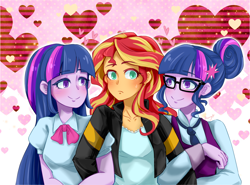 Size: 1280x948 | Tagged: safe, artist:buryooooo, character:sunset shimmer, character:twilight sparkle, character:twilight sparkle (scitwi), species:eqg human, ship:scitwishimmer, ship:sunsetsparkle, equestria girls:friendship games, g4, my little pony: equestria girls, my little pony:equestria girls, bedroom eyes, blushing, counterparts, cute, female, lesbian, looking at you, magical trio, nervous, ot3, polyamory, self paradox, shipping, sunset twiangle, sweat, sweatdrop, twilight's counterparts, twolight
