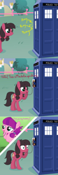 Size: 590x1771 | Tagged: safe, artist:lightf4lls, artist:rioumcdohl26, character:lily longsocks, oc, oc:macdolia, species:earth pony, species:pony, episode:crusaders of the lost mark, g4, my little pony: friendship is magic, comic, doctor who, female, filly, ninth doctor, pigtails, ponyville, tardis, the empty child