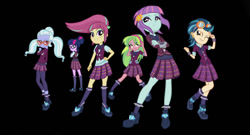 Size: 850x460 | Tagged: safe, artist:yummiestseven65, character:indigo zap, character:lemon zest, character:sour sweet, character:sugarcoat, character:sunny flare, character:twilight sparkle, character:twilight sparkle (scitwi), species:eqg human, equestria girls:friendship games, g4, my little pony: equestria girls, my little pony:equestria girls, bow tie, clothing, crossed arms, crystal prep academy, crystal prep academy uniform, crystal prep shadowbolts, freckles, glasses, goggles, group, headphones, looking back, one eye closed, plaid skirt, pleated skirt, scene interpretation, school uniform, shadow five, skirt, smiling, wink, wristband