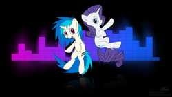 Size: 3840x2160 | Tagged: safe, artist:ethaes, character:dj pon-3, character:rarity, character:vinyl scratch, equalizer, female, lesbian, rariscratch, shipping