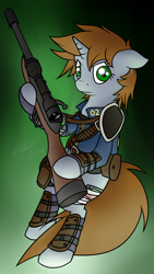 Size: 1080x1920 | Tagged: safe, artist:ethaes, oc, oc only, oc:littlepip, species:pony, species:unicorn, fallout equestria, bandage, clothing, fallout, fanfic, fanfic art, female, glowing horn, gradient background, gun, hooves, horn, levitation, magic, mare, optical sight, pipbuck, rifle, scope, simple background, solo, stable dweller, telekinesis, vault suit, weapon