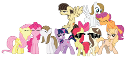 Size: 13000x6000 | Tagged: safe, artist:midnight--blitz, character:apple bloom, character:fluttershy, character:pinkie pie, character:scootaloo, character:twilight sparkle, character:twilight sparkle (unicorn), character:wild fire, oc, oc:taralicious, ponysona, species:earth pony, species:pegasus, species:pony, species:unicorn, absurd resolution, andrea libman, apple bloom's bow, bow, crossed arms, eyes closed, female, filly, flying, hair bow, madeleine peters, mane bow, mare, michelle creber, ponidox, ponified, puffy cheeks, scootaloo can fly, self ponidox, sibsy, simple background, sunglasses, tara strong, transparent background, unamused, vector, wild fire is not amused, wip