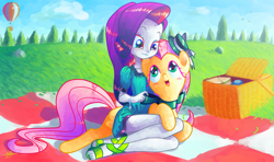 Size: 1920x1136 | Tagged: safe, artist:halem1991, character:fluttershy, character:rarity, my little pony:equestria girls, bow, bracelet, clothing, cuddling, cute, feet, grooming, hair bow, halem1991 is trying to murder us, hat, makeover, nail polish, open mouth, picnic, picnic basket, prone, raribetes, sandals, shyabetes, sitting, smiling, snuggling, toenail polish, toenails, toes