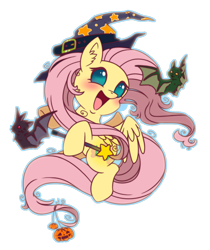 Size: 828x987 | Tagged: safe, artist:pauuhanthothecat, character:fluttershy, species:bat, species:pegasus, species:pony, clothing, cute, ear fluff, female, halloween, hat, holiday, magic wand, no pupils, open mouth, pumpkin, shyabetes, simple background, solo, transparent background, wand, witch hat