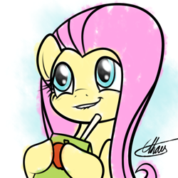Size: 850x850 | Tagged: safe, artist:ethaes, character:fluttershy, episode:scare master, g4, my little pony: friendship is magic, female, juice box, lip bite, scene interpretation, simple background, smiling, solo