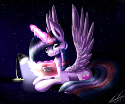 Size: 1200x1000 | Tagged: safe, artist:yummiestseven65, character:twilight sparkle, character:twilight sparkle (alicorn), species:alicorn, species:pony, book, female, lamp, magic, mare, prone, reading, solo, space, spread wings, stars, telekinesis, wings