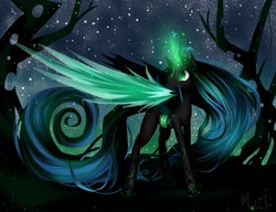 Size: 4000x3077 | Tagged: safe, artist:vardastouch, character:queen chrysalis, species:changeling, changeling queen, female, glowing horn, impossibly long hair, impossibly long tail, long hair, long mane, long tail, night, solo, stars