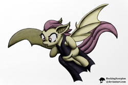 Size: 1000x667 | Tagged: safe, artist:rockingscorpion, character:flutterbat, character:fluttershy, species:bat pony, species:pony, 2015, clothing, female, flying, halloween, happy halloween, happy nightmare night, looking down, nightmare night, signature, solo, theme, vampire