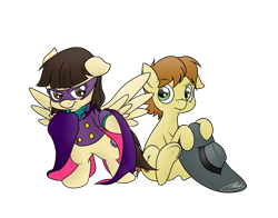 Size: 2813x2210 | Tagged: safe, artist:ethaes, character:wild fire, oc, oc:mandopony, ponysona, species:earth pony, species:pegasus, species:pony, bipedal, clothing, costume, darkwing duck, female, halloween, hat, male, mandofire, mare, mask, nightmare night, shipping, sibsy, sibsy is a duck, sitting, stallion, straight