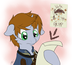 Size: 2296x2080 | Tagged: safe, artist:ethaes, character:pipsqueak, oc, oc:littlepip, species:pony, species:unicorn, fallout equestria, episode:crusaders of the lost mark, g4, my little pony: friendship is magic, clothing, colt, confused, fallout, fanfic, fanfic art, female, floppy ears, hooves, horn, male, mare, namesake, paper, pun, solo, vault suit, vote for pip