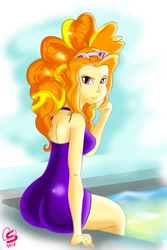Size: 800x1200 | Tagged: safe, artist:burnt-sprinkles, character:adagio dazzle, my little pony:equestria girls, ass, clothing, female, goggles, looking at you, one-piece swimsuit, signature, solo, swimming pool, swimsuit