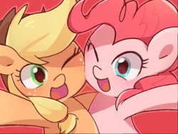 Size: 512x387 | Tagged: safe, artist:miki 14, artist:tomatoraito, character:applejack, character:pinkie pie, species:earth pony, species:pony, cute, diapinkes, duo, female, happy, jackabetes, mare, one eye closed, open mouth, red background, simple background, smiling, wink