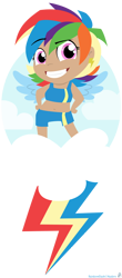 Size: 528x1200 | Tagged: safe, artist:raygirl, character:rainbow dash, species:human, belly button, chibi, female, grin, humanized, lineless, smiling, solo, spread wings, winged humanization, wings